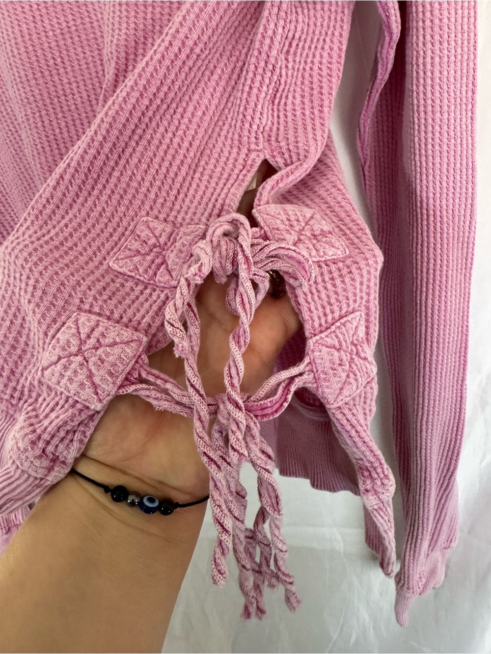 Free People FP One Interlaken Pink Waffle Knit Side Tie Thermal Top M - Picture 3 of 6